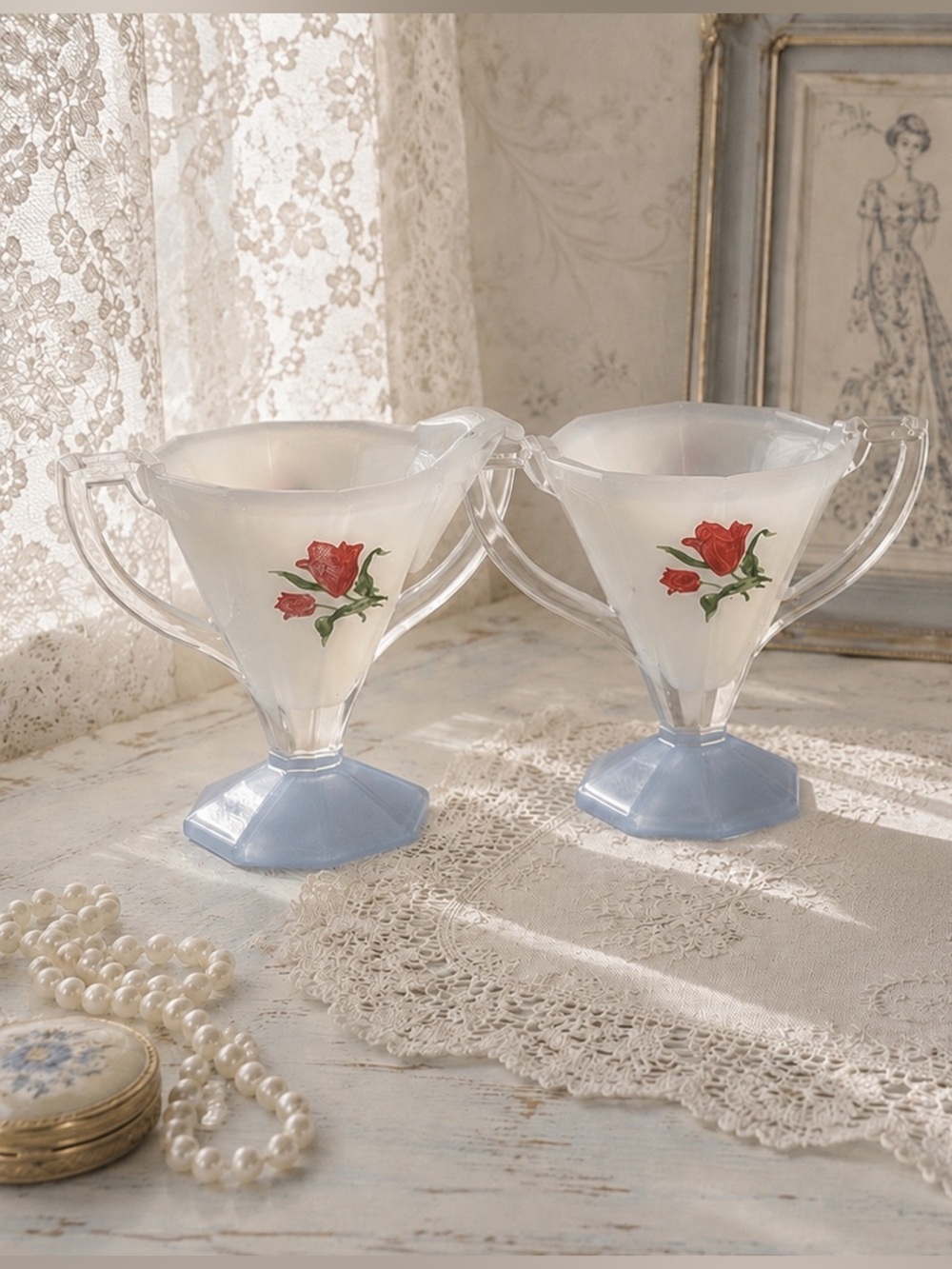 VINTAGE Indiana Glass Westmoreland Red Tulip Glass Sugar & Creamer